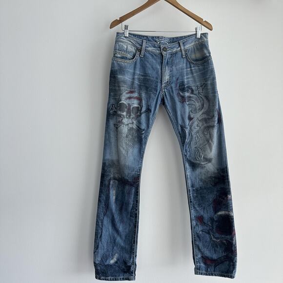 Robin's Jean Jeans Mens 31 Blue Skull Paint Graphic Straight Leg Studded USA - Picture 1 of 16